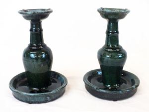 Picture of Pair of Chinese pottery glazed candlesticks
